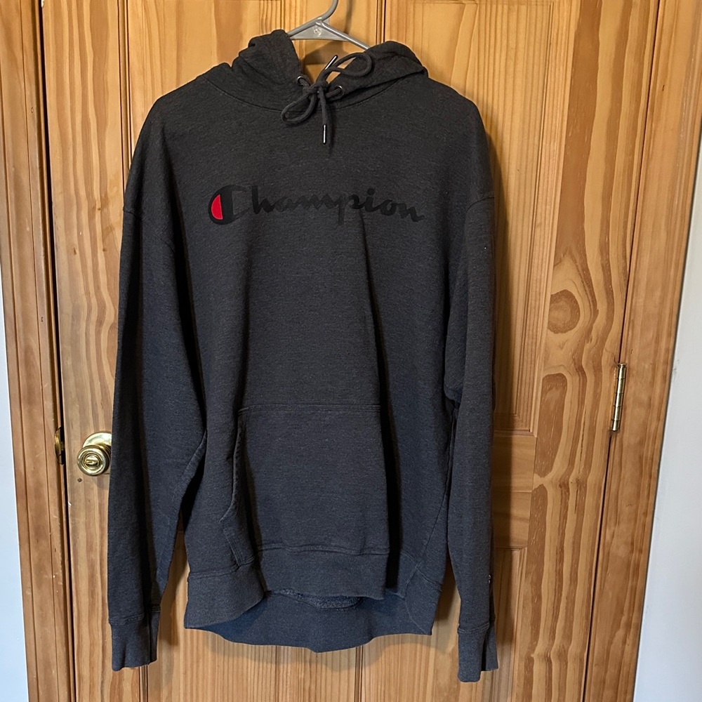 Champion Men's Charcoal Black Hoodie with Red Logo Accent